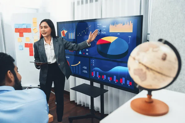 Junge Asiatische Geschäftsfrau Präsentiert Datenanalyse Armaturenbrett Auf Dem Fernsehbildschirm Modernen — Stockfoto