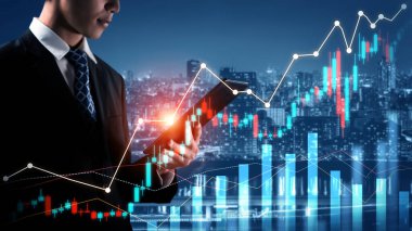Businessman analyst working with digital finance business data graph showing technology of investment strategy for perceptive financial business decision. Digital economic analysis technology concept.
