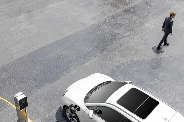 Aerial View Progressive Businessman Black Formal Suit His Electric Vehicle — Stock Photo, Image