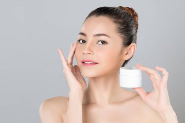 Glamorous beautiful perfect cosmetic skin with soft makeup woman portrait hold mockup jar cream or moisturizer for skincare treatment and anti-aging product advertisement in isolated background.