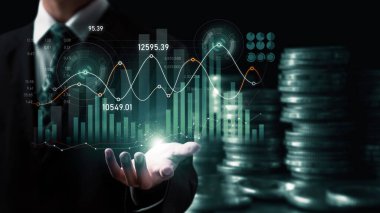 Businessman analyst working with digital finance business data graph showing technology of investment strategy for perceptive financial business decision. Digital economic analysis technology concept.