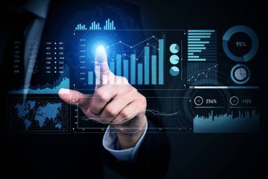 Businessman analyst working with digital finance business data graph showing technology of investment strategy for perceptive financial business decision. Digital economic analysis technology concept.