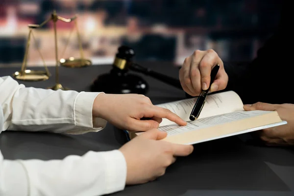 Closeup Lawyer Colleagues Preparing Lawsuit Litigation Reading Pointing Hand Legal — Stock Photo, Image