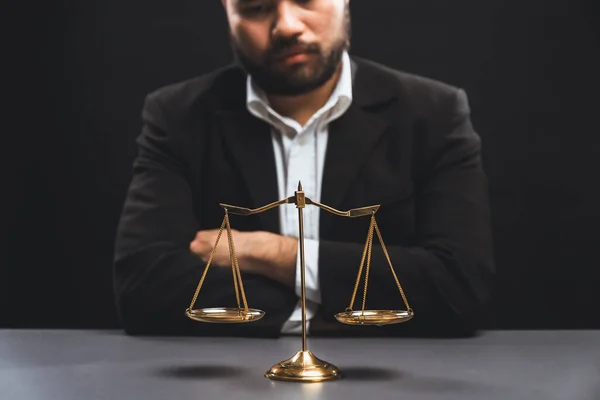 Focus Golden Scale Balance Burred Background Lawyer Black Suit Sit — Stock Photo, Image