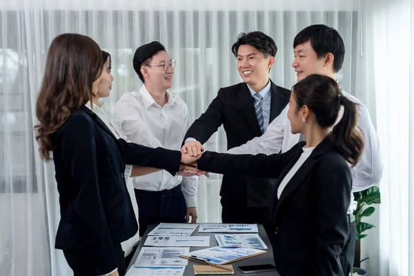 Closeup Business Team Suit Clad Businessmen Women Join Hand Stack — Zdjęcie stockowe