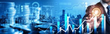 Businessman analyst working with digital finance business data graph showing technology of investment strategy for perceptive financial business decision. Digital economic analysis technology concept.