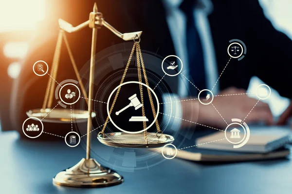 stock image Smart law, legal advice icons and lawyer working tools in the lawyers office showing concept of digital law and online technology of astute law and regulations .