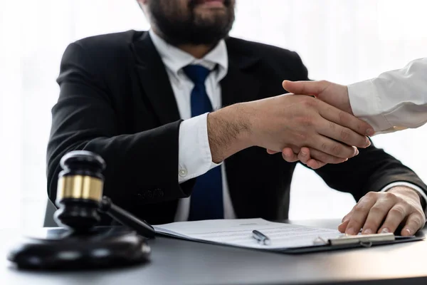 Closeup Lawyer Attorneys Colleagues Handshake Successful Legal Discussing Contract Agreement — Stock Photo, Image