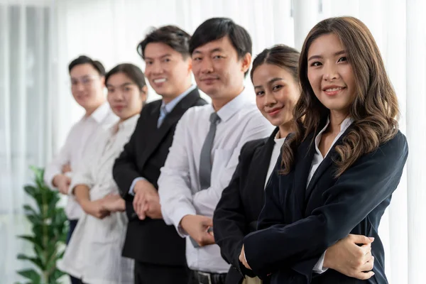 Cohesive Group Businesspeople Standing Row Holding Hand Line Together Meeting — Stockfoto