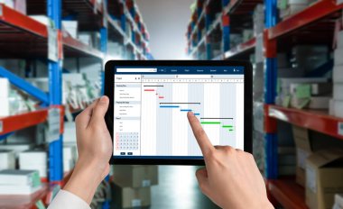 Ekip projesinin zaman çizelgesini gösteren bilgisayar ekranında, modern iş projesi yönetimi için proje planlama yazılımı