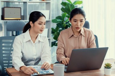 Modern ofis çalışma alanında iş birliği yapan iki genç ofis çalışanı, modern ofis çalışanı olarak profesyonelliklerini sergileyerek, dizüstü bilgisayarda tartışıyorlar ve birlikte çalışıyorlar. Coşkulu.