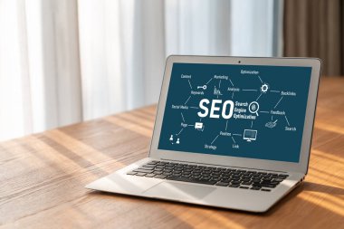 Model e-ticaret için SEO arama motoru optimizasyonu ve bilgisayar ekranında gösterilen çevrimiçi perakende işi