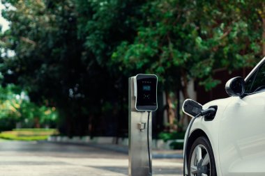 Focus closeup electric vehicle plugged in with EV charger device from blurred background of public charging station powered by renewable clean energy for progressive eco-friendly car concept.