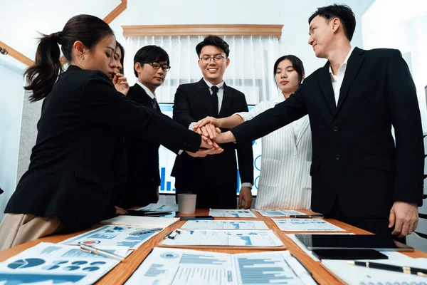 Closeup Business Team Suit Clad Businessmen Women Join Hand Stack — Stockfoto