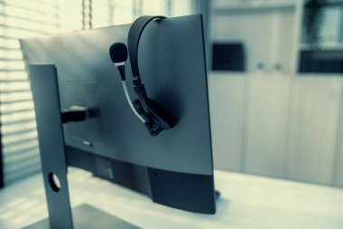 Essential equipment concept for competent online operators, call service agents, or online working. Customer service equipment, as well as helpdesk tools.