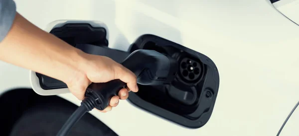 Closeup Focus Hand Insert Charger Plug Electric Vehicle Charging Station — Foto de Stock