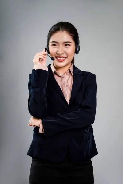 Atractivo Asiático Operador Centro Llamadas Femenino Con Cara Sonrisa Feliz —  Fotos de Stock