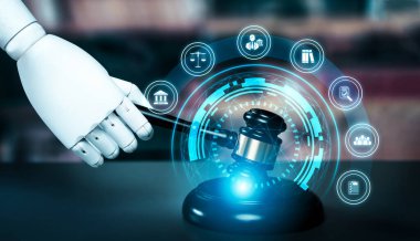Yapay zeka yasası ve yasal hukuk düzenlemelerinin online teknolojisini tasvir eden hukuki ikonlarıyla avukatlık bürosunda avukatlık araçları kullanan robot el tarafından gösterilen yapay zeka ile ilgili hukuk kavramı