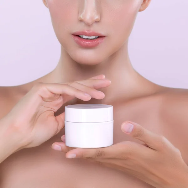 Alluring Beautiful Perfect Cosmetic Skin Woman Portrait Hold Mockup Jar — Stock Fotó