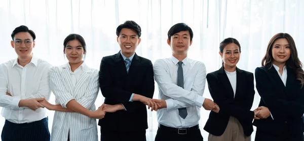 Cohesive Group Businesspeople Standing Row Holding Hand Line Together Meeting — Foto de Stock