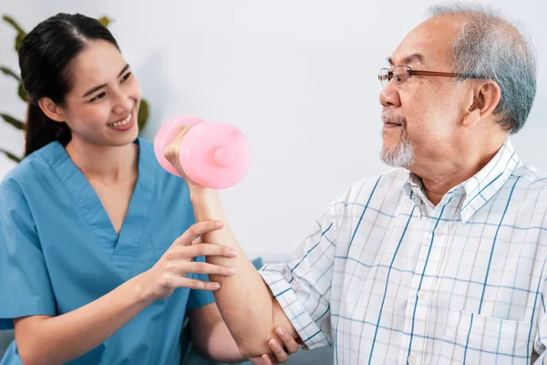 Contented Senior Patient Doing Physical Therapy Help His Caregiver Senior — Stock Photo, Image