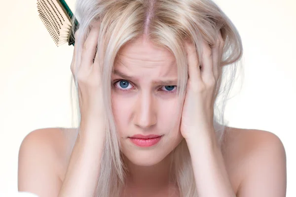 Closeup Personable Beauty Fresh Clean Skin Woman Having Dry Hair — стоковое фото
