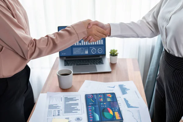 Two Asian Businesswomen Shaking Hands Modern Office Successfully Analyzing Piles — Stock Photo, Image