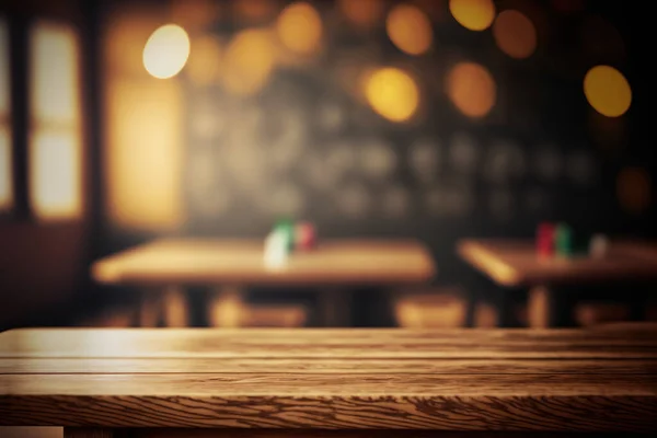 stock image Rustic wooden table in a classroom setting, perfect for displaying educational products or designs. Table-top view on blurred background with empty tables and atmospheric light. Flawless