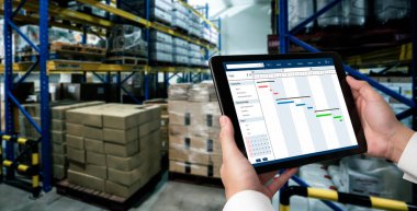 Ekip projesinin zaman çizelgesini gösteren bilgisayar ekranında, modern iş projesi yönetimi için proje planlama yazılımı