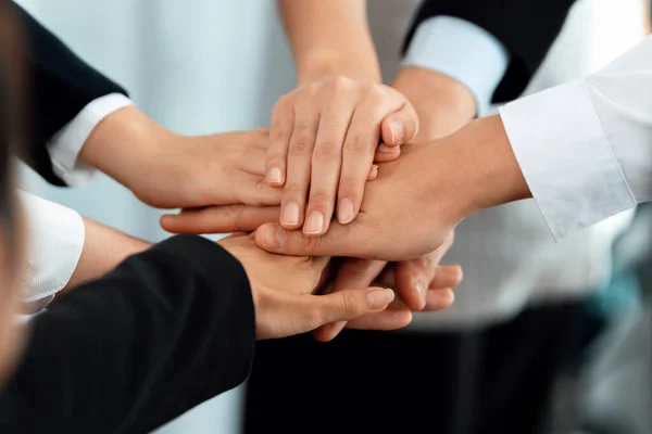 Top View Closeup Business Team Suit Clad Businesspeople Join Hand — Stockfoto