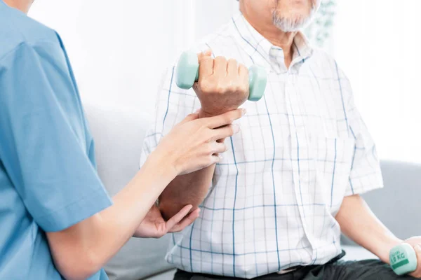 Contented Senior Patient Doing Physical Therapy Help His Caregiver Senior —  Fotos de Stock