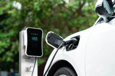 Focus closeup electric vehicle plugged in with EV charger device from blurred background of public charging station powered by renewable clean energy for progressive eco-friendly car concept.