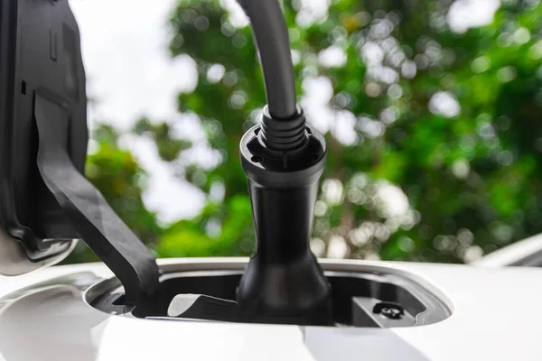 Closeup Charger Plugged Electric Vehicle Socket Charging Station Image View — Stock Photo, Image