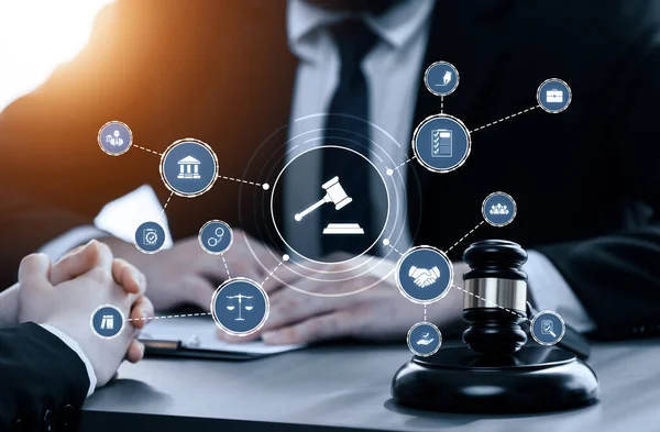 stock image Smart law, legal advice icons and lawyer working tools in the lawyers office showing concept of digital law and online technology of astute law and regulations .