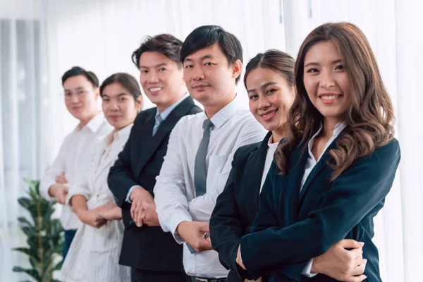 Cohesive Group Businesspeople Standing Row Holding Hand Line Together Meeting — Foto de Stock