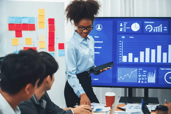 stock image Young african businesswoman presenting data analysis dashboard on TV screen in modern meeting. Business presentation with group of business people in conference room. Concord