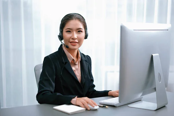 Asian Call Center Headset Microphone Working Her Workspace Looking Camera — Stock Photo, Image