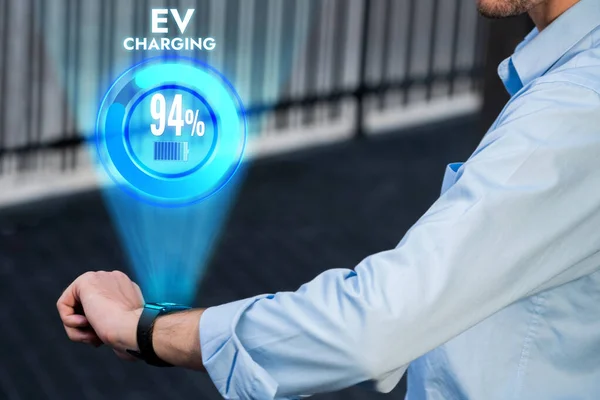 Focus Hand Touching Hologram Smartwatch Display Electric Vehicle Battery Background — 图库照片