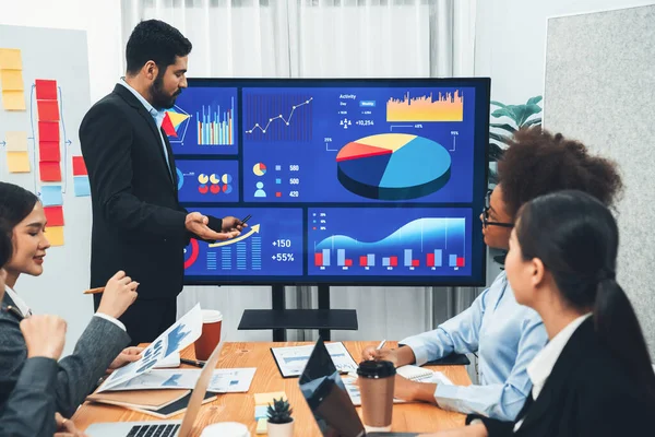Geschäftsmann Präsentiert Datenanalyse Armaturenbrett Bildschirm Auf Bildschirm Modernen Meeting Für — Stockfoto