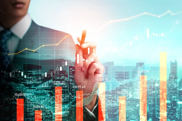stock image Businessman analyst working with digital finance business data graph showing technology of investment strategy for perceptive financial business decision. Digital economic analysis technology concept.