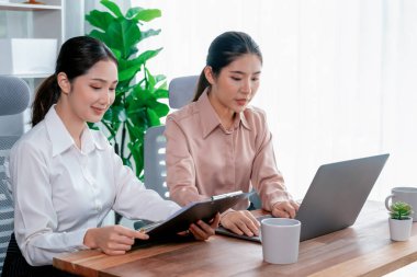 Modern ofis çalışma alanında iş birliği yapan iki genç ofis çalışanı, modern ofis çalışanı olarak profesyonelliklerini sergileyerek, dizüstü bilgisayarda tartışıyorlar ve birlikte çalışıyorlar. Coşkulu.