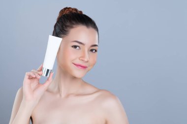 Glamorous beautiful perfect natural cosmetic skin woman portrait hold mockup tub moisturizer cream for skincare treatment, anti-aging product advertisement in isolated background.
