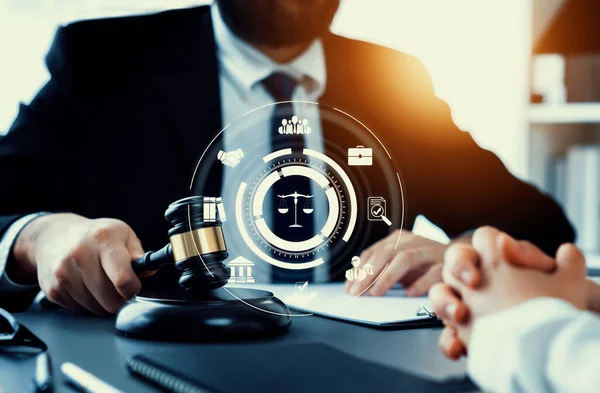 Smart law, legal advice icons and lawyer working tools in the lawyers office showing concept of digital law and online technology of astute law and regulations .