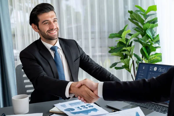 Closeup Professional Businessman Shaking Hands Desk Modern Office Successfully Analyzing — Stock Photo, Image