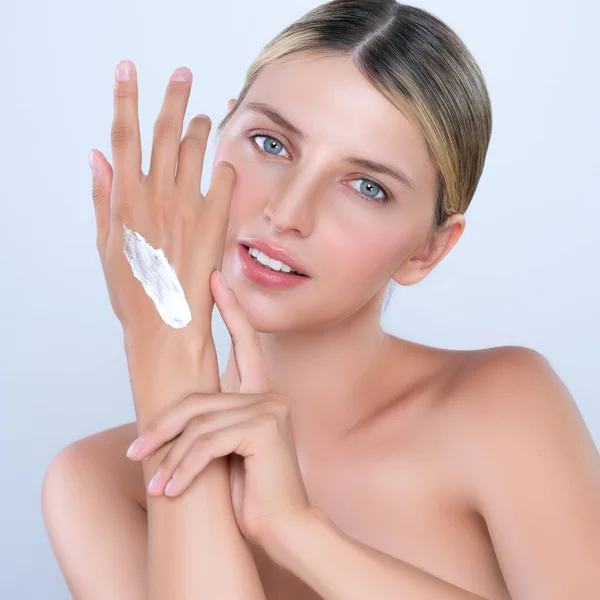 Alluring Beautiful Woman Applying Moisturizer Cream Her Hand Perfect Skincare — Photo
