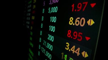 Makro çekim hareketi üzerine borsa kurulu LED ekranı borsa ve finansal verileri gösteriyor. Dinamik borsa endeksi değer artışı ve eğilim yatırımı için düşüş.