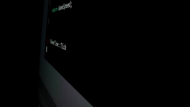 用Ai生成的实时打字技术在Led屏幕上移动的编码脚本的Closeup宏截图动作 展示了软件开发中的优化 调试和编码方面的高级Ai学习 — 图库视频影像
