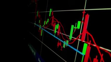 Borsa verilerini analiz etmek, LED ekrandaki fiyat hareketlerini izlemek ve kârlı ticaret kararları almak için şamdan grafiği kullanarak tüccar üzerinde yakın çekim makrosu hareketi gerçekleştirildi..