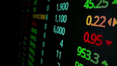 Makro çekim hareketi üzerine borsa kurulu LED ekranı borsa ve finansal verileri gösteriyor. Dinamik borsa endeksi değer artışı ve eğilim yatırımı için düşüş.