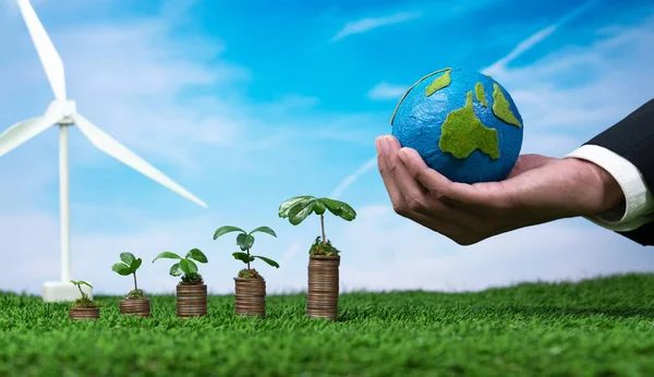 生态企业投资于环境保护补贴 种植苗木的硬币堆栈 手持纸 地球和风力涡轮机 清洁和可再生能源的可持续金融增长 改变了 — 图库照片
